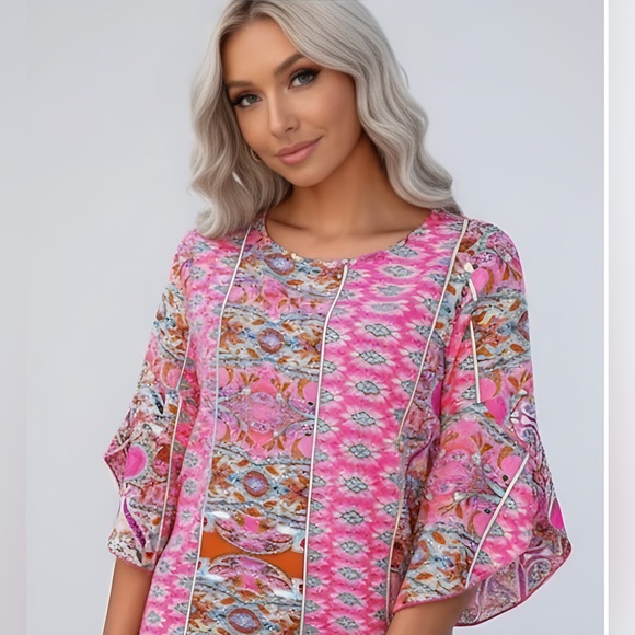 Boho Pink Floral Print Sleeve Blouse - Picture 3 of 5
